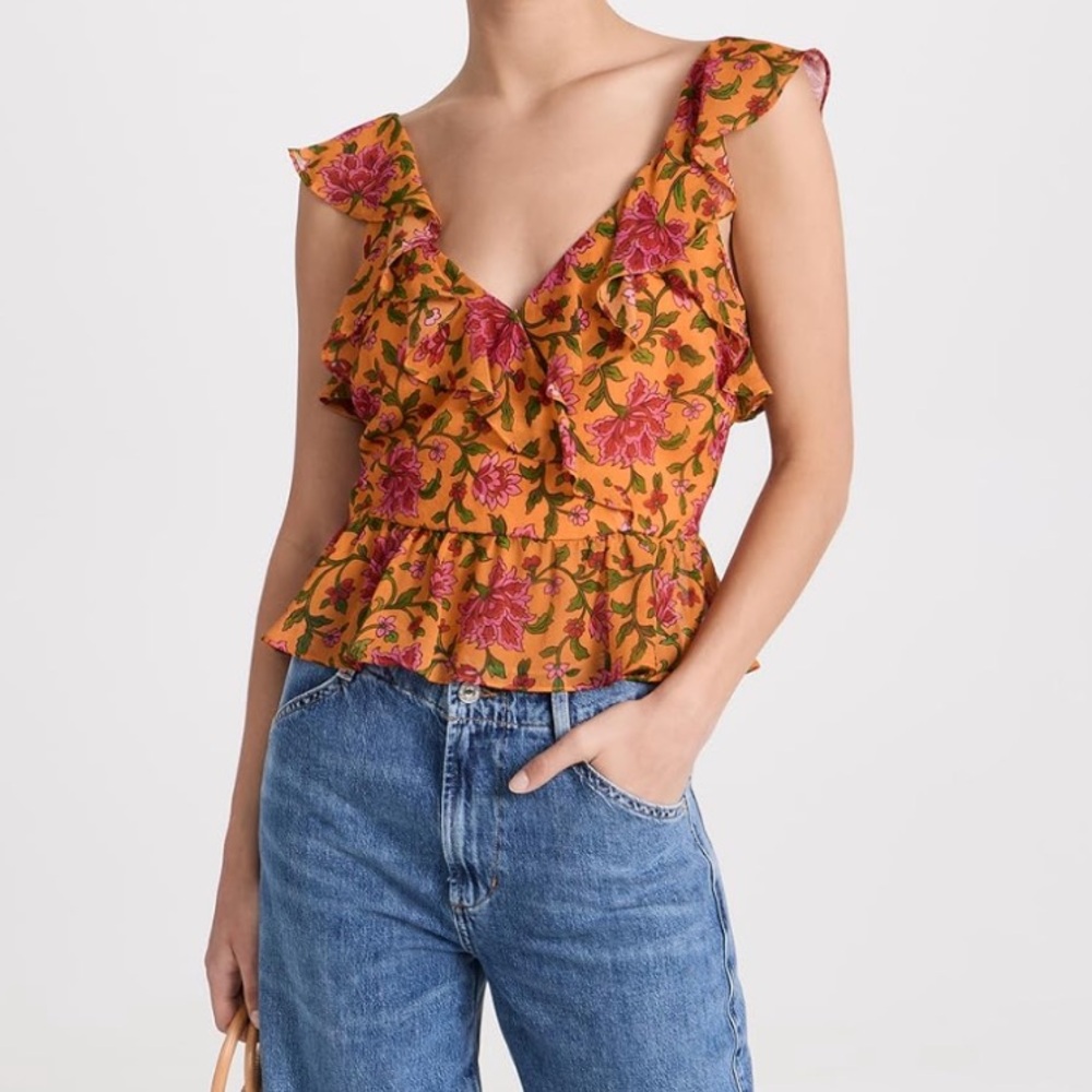 Floral Ruffle V-Neck Top - Yellow and Pink - Picture 3 of 9